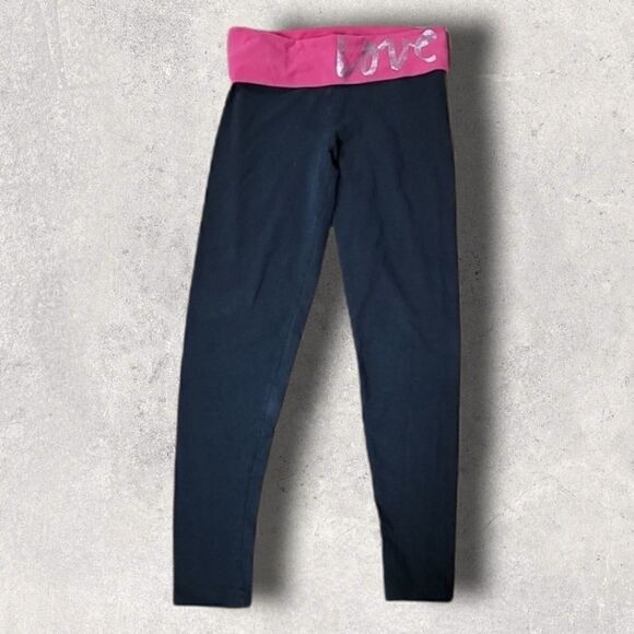 PINK BLACK YOGA LEGGINGS WITH PINK FOLD OVER TOP - Picture 1 of 6